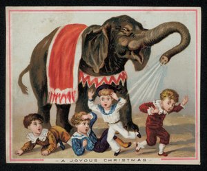 Elefante che gioca spruzzando acqua sui bambini, cartolina di auguri di Natale