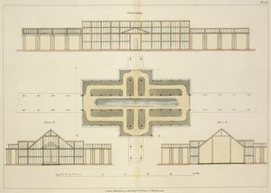 Elevazioni e pianta di una serra, da Suggerimenti sulla formazione di giardini e aree di piacere di John Claudius Loudon (1783-1843) pubblicato nel 1812 da English School