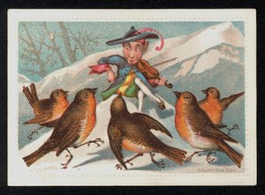 Elfo con un violino che intrattiene un gruppo di pettirossi, cartolina di auguri di Capodanno
