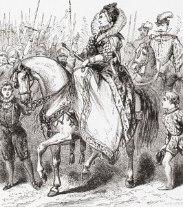 Elisabetta I ispeziona le sue truppe al porto di Tilbury, 1588, da Ward e Locks Illustrated History of the World, pub. c.1882 da English School