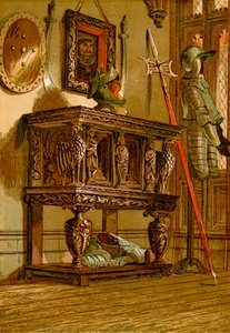 Credenza o armadio elisabettiano nel castello di Warwick (incisione a colori) da English School