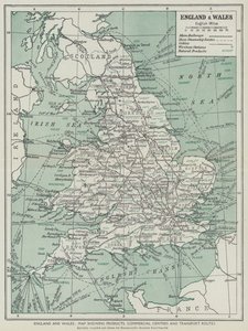 Inghilterra e Galles, Mappa che mostra prodotti, centri commerciali e rotte di trasporto da English School