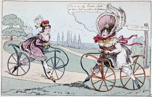 Cartone inglese sui cavalli a dondolo nel 1819 (prime biciclette) - in "Il ciclismo teorico e pratico" di Baudry de Saulnier da English School