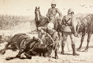 Cavalleria inglese che abbevera i cavalli durante la guerra mahdista, Sudan negli anni 1880 da English School