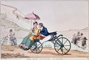 Disegno comico inglese sui primi tempi della bicicletta da English School