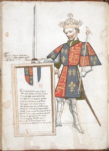 Re inglese in armatura e tabarro (Riccardo II), presenta una targa con versi.