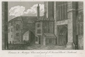 Ingresso a Montague Close e parte della Chiesa di San Salvatore, Southwark, Surrey da English School