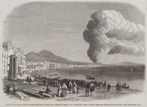 Eruzione del Vesuvio vicino al piede della collina, tra Resina e Torre del Greco, vista dalla Marinella a Napoli (incisione) da English School