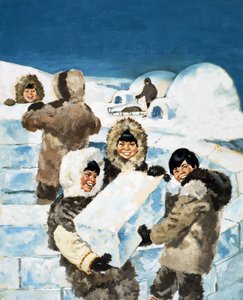Ragazzi eschimesi che costruiscono un igloo