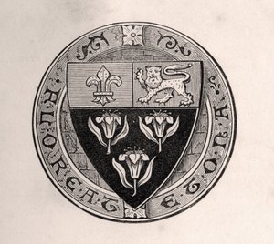 Scudo di Eton sovrapposto a un tondo con il motto della scuola, illustrazione da Memoirs of Eminent Etonians, di Sir Edward Creasy pubblicato a Londra nel 1876 da English School