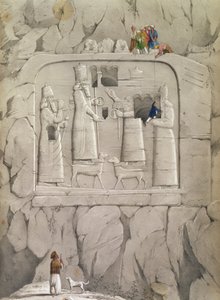 Esaminando una scultura rupestre assira, da "Scoperte nelle rovine di Ninive e Babilonia" di Austen Henry Layard