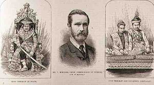 Spedizione in Alta Birmania: Re Theebaw (1858-1916) in stato, Mr. T. Bernard, Commissario Capo della Birmania, ora a Mandalay, Re Theebaw e la sua Regina, Soopya-Lat, da The Illustrated London News da English School