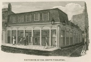 Esterno del Royal Olympic Theatre, Wych Street, vicino a Drury Lane, Londra da English School