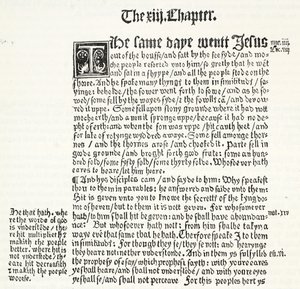Facsimile del Vangelo di San Matteo, Capitolo XIII, versetti 1-15, dal Testamento di Tyndale, illustrazione da The History of Protestantism di James Aitken Wylie, pub. 1878 da English School