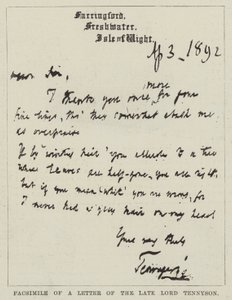 Facsimile di una lettera del defunto Lord Tennyson da English School