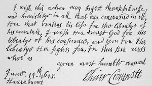 Facsimile di una parte della lettera scritta da Cromwell a Lenthall, Speaker della Camera dei Comuni, annunciando la Vittoria di Naseby da English School