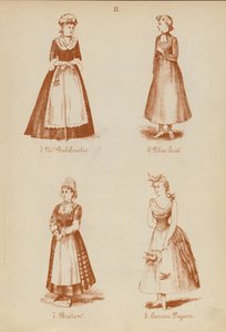 Costumi di carnevale: Mrs Balchristie, Blue Coat, Bretone, Piccione Viaggiatore (litografia)