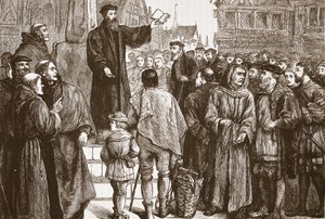 Farel che predica nella piazza del mercato di Neuchatel, illustrazione da La storia del protestantesimo di James Aitken Wylie (1808-1890), pub. 1878 da English School