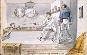Fissato saldamente dalla testa alla corona... - il Reverendo riceve un trattamento da marinaio per il mal di mare, da Ye Pilgrimage of ye Revnd. Simpleheart, Adventures of a naive Missionary in the South Seas