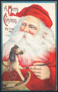 Babbo Natale che dipinge un cavallo a dondolo, biglietto di Natale da English School