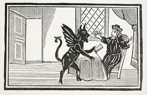 Faustus avvertito dallo Spirito di aspettarsi la sua fine, illustrazione da Chap-books of the Eighteenth Century di John Ashton, pub. 1882