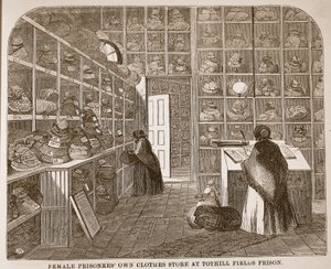 Negozio di vestiti per prigioniere alla prigione di Tothill Fields, illustrazione da Le Prigioni Criminali di Londra e Scene dalla Vita Carceraria di Henry Mayhew e John Binny, pub. 1862 da English School