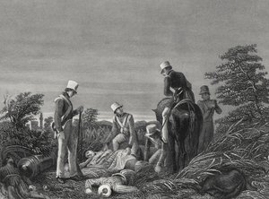 Ritrovamento dei colori del 24° Reggimento dopo la battaglia di Chillianwallah, c.1850 (incisione) da English School