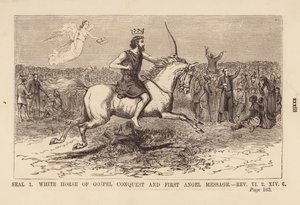Primo sigillo, cavallo bianco della conquista del Vangelo e messaggio del primo angelo (incisione)