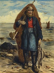 Pescatore che porta le sue reti e tiene il suo pescato