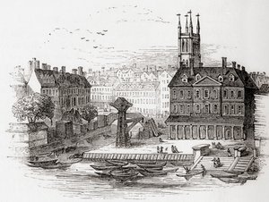 Fleet Ditch, Londra, Inghilterra nel 1749 al punto in cui sfociava nel Tamigi a Bridewell, da Old England: A Pictorial Museum, pub. 1847