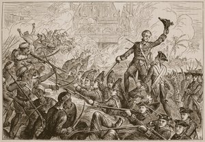 La difesa del ridotto di Tanjore da parte di Fletcher, illustrazione da Cassells Illustrated History of India di James Grant, pub. 1879