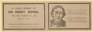 Cartolina pieghevole che segnala la morte di Sir Henry Irving, attore, deceduto il 13 ottobre 1905 da English School