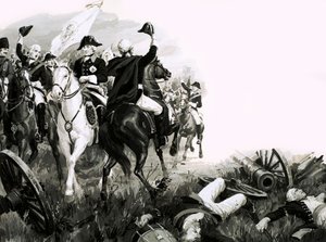 Federico il Grande, re di Prussia, con le sue truppe in battaglia da English School