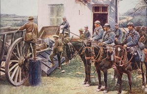 Lancieri francesi che arrivano a un avamposto del villaggio, in aiuto delle forze britanniche, 1914-19 da English School