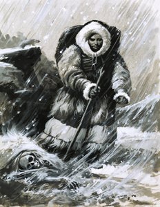 Frate Giovanni marcia attraverso la neve accecante