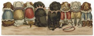 Copertina anteriore e posteriore di un biglietto raffigurante cani in costumi da circo da English School