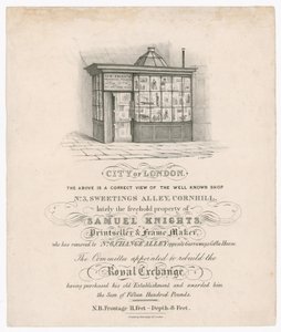 Fronte del n. 3, Sweetings Alley, Cornhill, recentemente proprietà di Samuel Knights, venditore di stampe e fabbricante di cornici da English School
