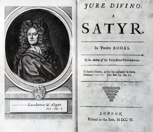 Frontespizio e pagina del titolo per Jure Divino: A Satyr di Daniel Defoe, pubblicato nel 1706 da English School