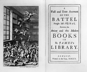 Frontespizio e pagina del titolo di The Battle of the Books di Jonathan Swift, pubblicato nel 1710