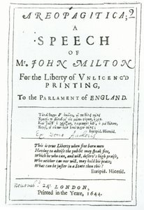 Frontespizio di Areopagitica, un discorso di John Milton pubblicato nel 1644 da English School
