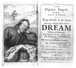 Frontespizio di Il progresso del pellegrino di John Bunyan (1628-88) pub. nel 1680 da English School