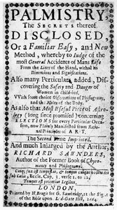 Frontespizio di Palmistry, the Secrets thereof Disclosed di Richard Saunders, 1664 da English School