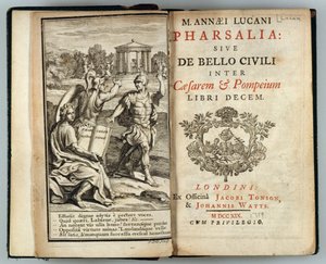 Frontespizio di Pharsalia o La Guerra Civile tra Cesare e Pompeo di Marco Anneo Lucano inciso da J. Cole, 1719