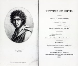 Frontespizio a Le lettere di Ortis di Niccolò Ugo Foscolo, edizione pubblicata nel 1818 da English School