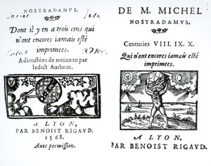 Frontespizio a Le profezie di M. Michel Nostradamus, pub. da Benoist Rigaud, 1568 da English School