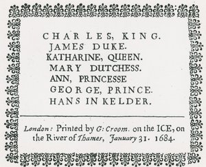Frost Fair sul Tamigi, Souvenir stampato per Re Carlo II e la famiglia, 1684 da English School