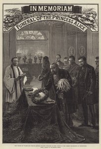 Funerale della Principessa Alice, il Principe di Galles e il Principe Leopoldo depongono Corone sulla Bara nel Mausoleo di Famiglia a Rosenhohe da English School