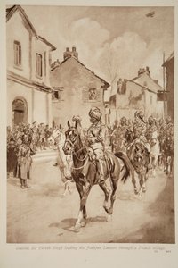 Generale Sir Pertab Singh che guida i Lancieri di Jodhpur attraverso un villaggio francese, 1914-19 da English School