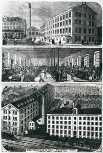 Vista generale delle fabbriche di pianoforti John Brimsmead & Sons, Grafton Road, Kentish Town, Londra (incisione) da English School