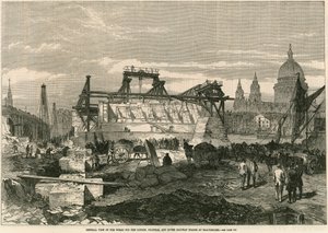 Veduta generale dei lavori per il ponte ferroviario di Londra, Chatham e Dover a Blackfriars, Londra da English School